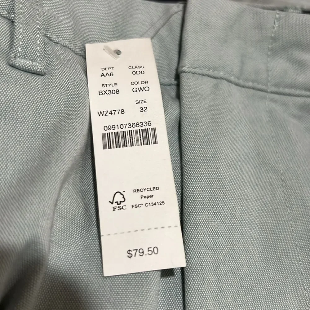 J. Crew BX308 Green white Oxford Tech Shorts NWt size 32 9
